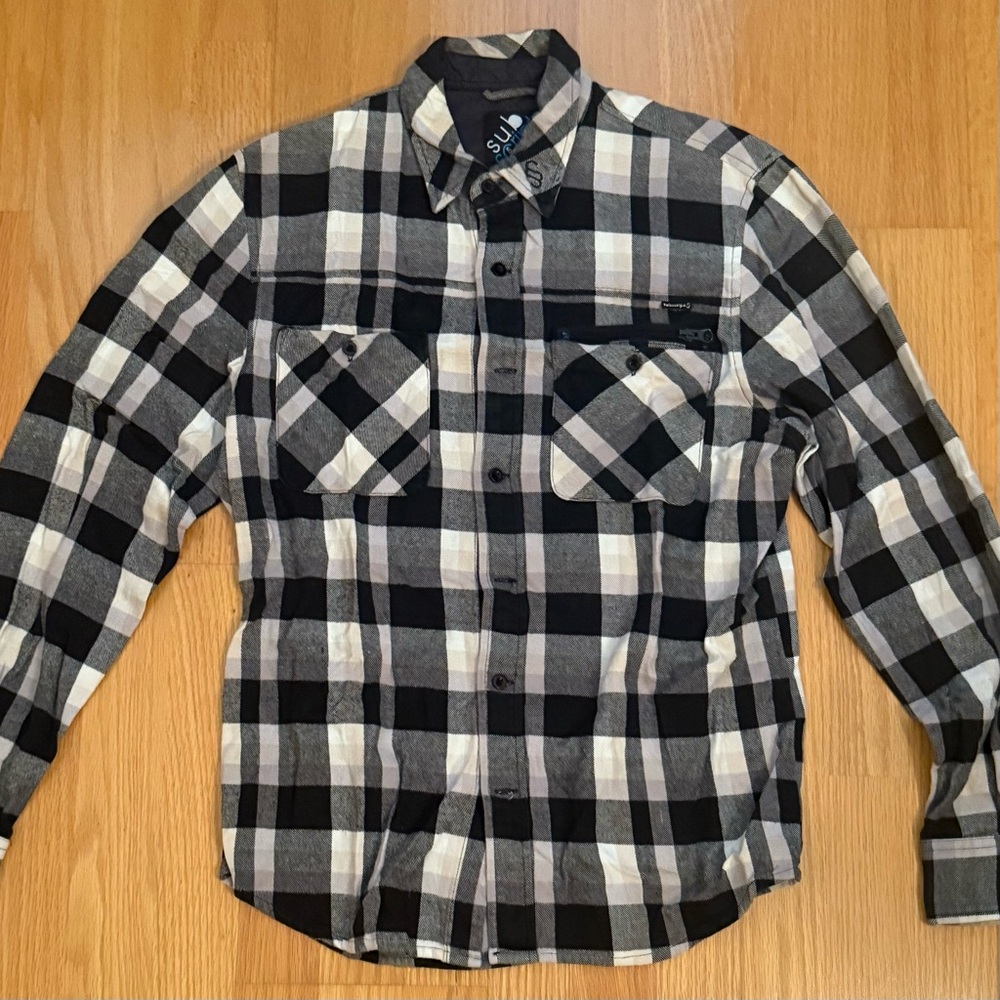 Men's Black and White Plaid Flannel Shirt